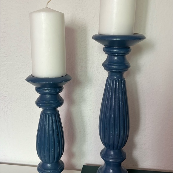 2 Blue Wooden Hand Painted Candle Holder Set Home Decor Rustic Modern Custom Mad - Picture 7 of 13